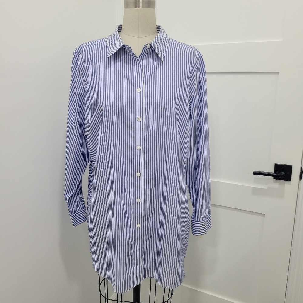 NWOT Chico's Women's Blue/White Stripe Rhinestone Collar Button Up Top Sz 3